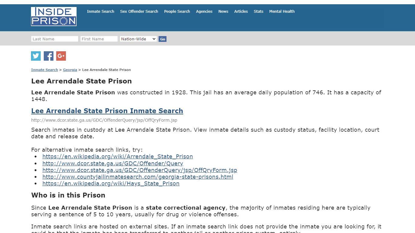 Lee Arrendale State Prison - Georgia - Inmate Search
